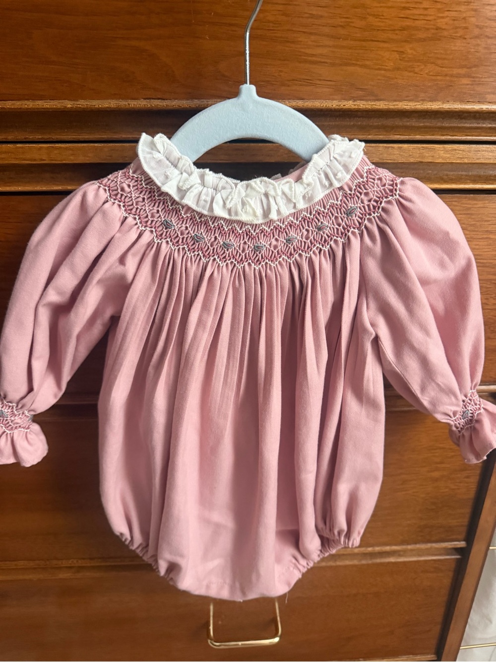 Vintage Smocked Pink Baby Bubble Romper with Ruffle Collar